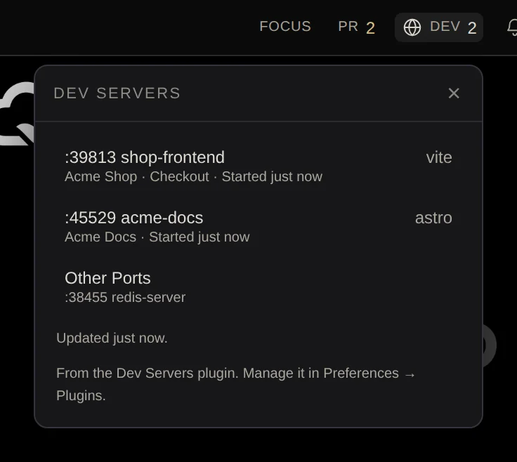 The Dev menu in the Cloud Window menu bar, listing two dev servers: shop-frontend on vite and acme-docs on astro, each with its page title, and a Redis server under Other Ports.