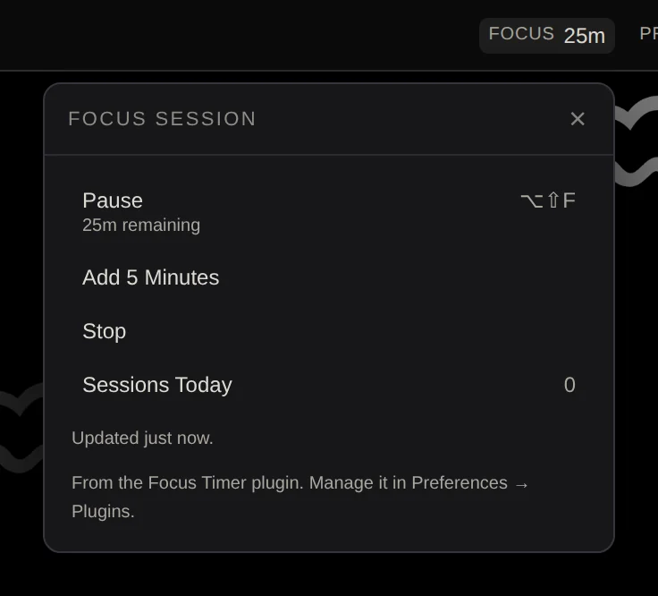 The Focus menu in the Cloud Window menu bar during a session: 25 minutes left, with Pause, Five more minutes, Stop and the number of sessions today.