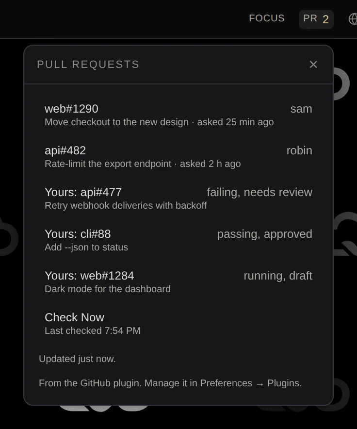 The PR menu in the Cloud Window menu bar: two pull requests waiting for review, with who asked and when, and three of your own with their checks: failing, passing and approved, running as a draft.