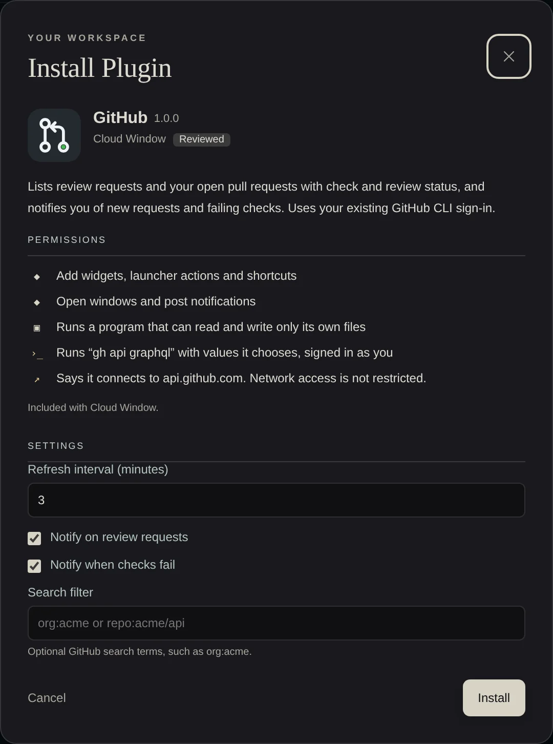 The Install Plugin dialog for GitHub, showing its description, permissions and settings.