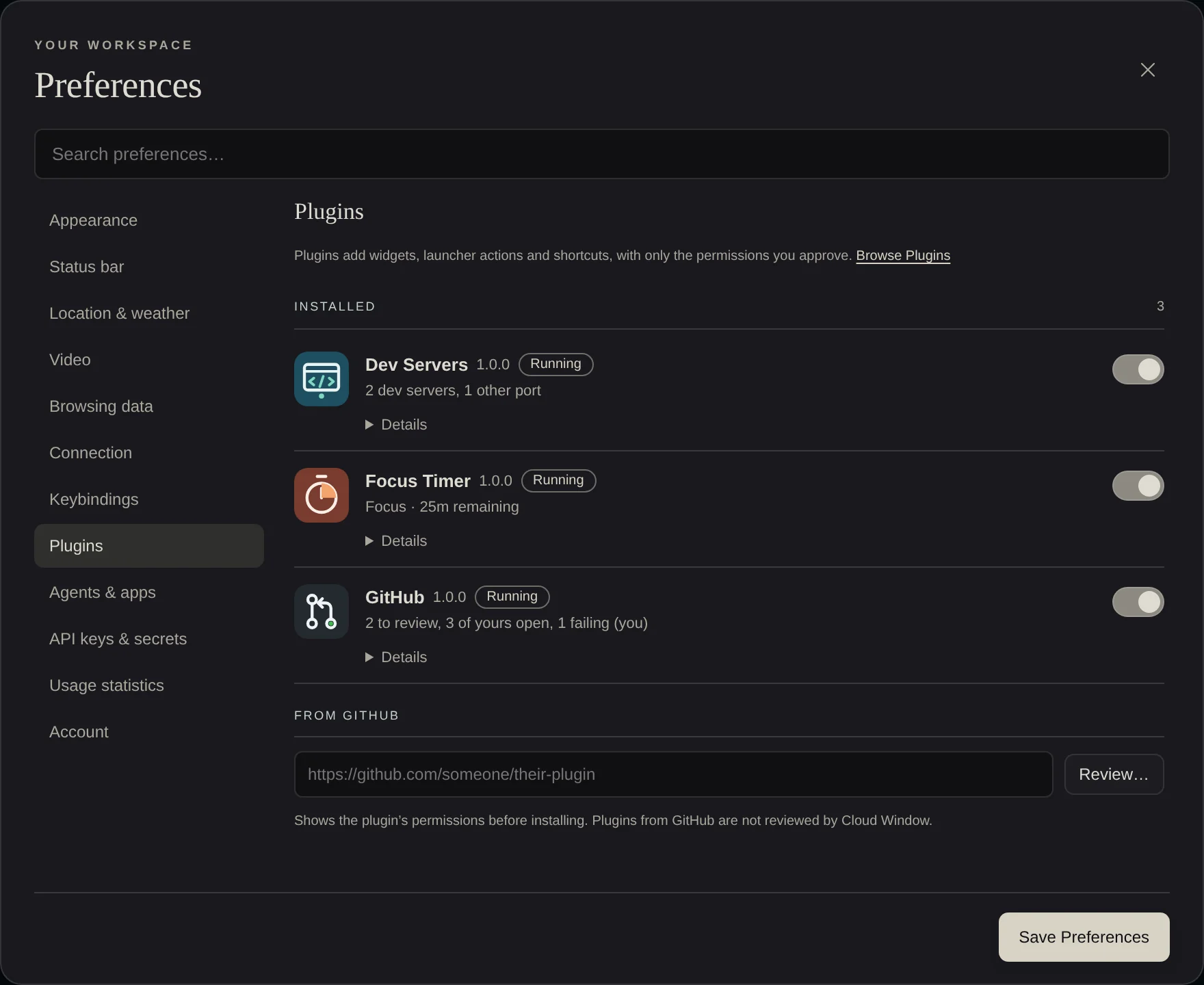 Cloud Window's Preferences, Plugins section: Dev Servers, Focus Timer and GitHub installed and running, each with a switch, and a field to install a plugin from GitHub.