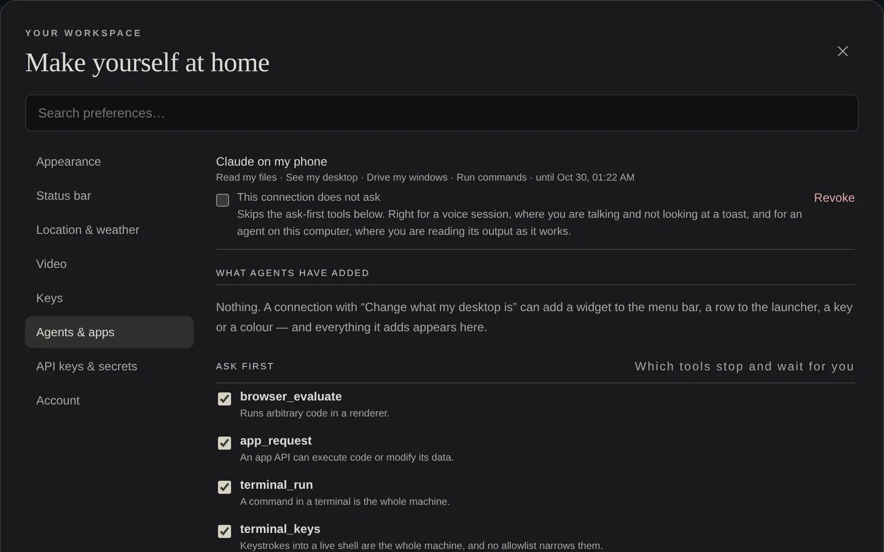 Preferences showing agent connections and the list of tools that ask first