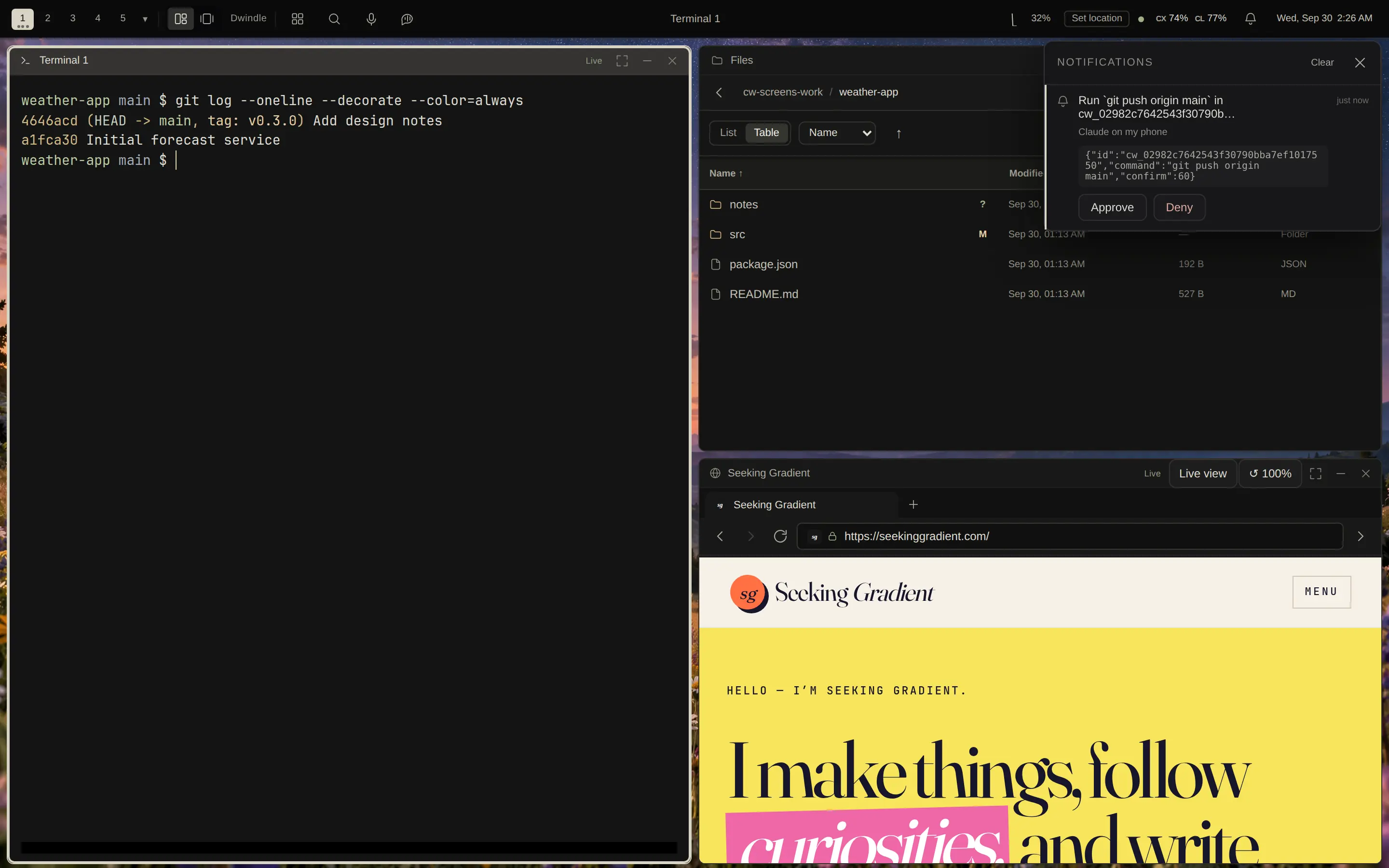 An approval request on the desktop: an agent asks to run a command, with Approve and Deny buttons