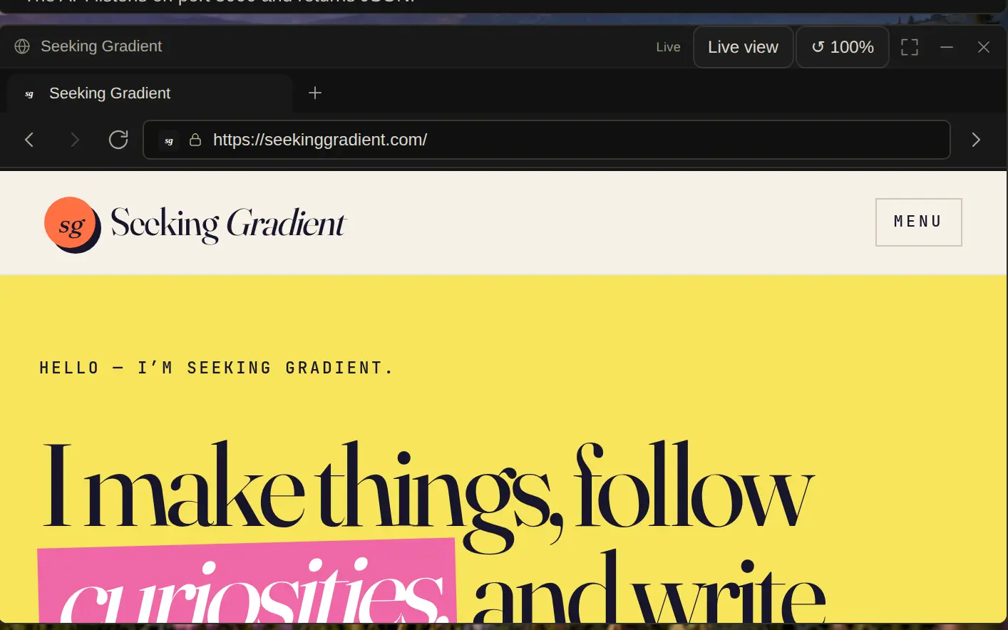 A browser pane showing seekinggradient.com