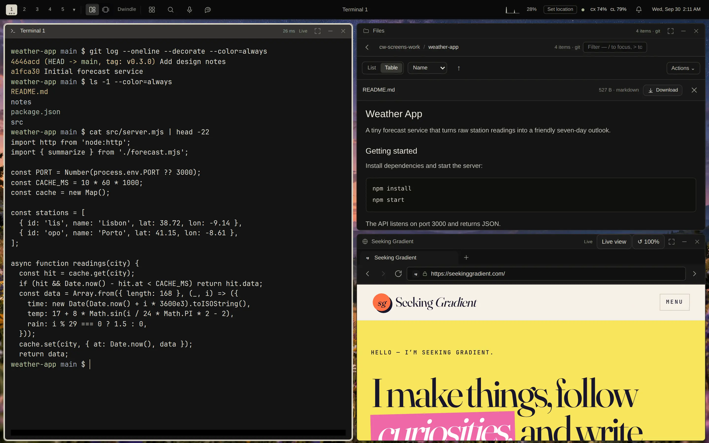 The Cloud Window desktop: a terminal, the file pane and a browser pane on seekinggradient.com tiled side by side, with the bar across the top