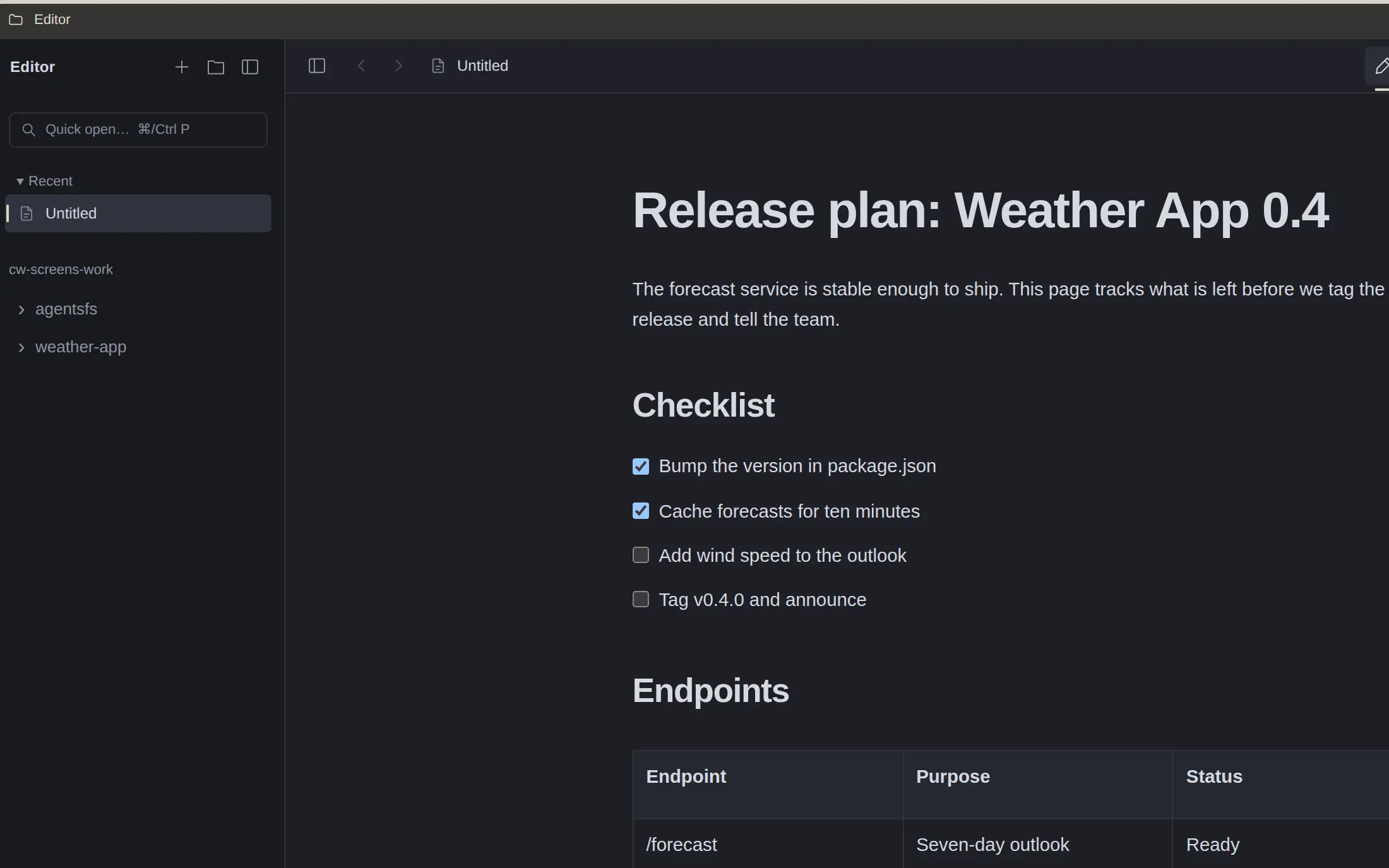 The Editor with a Markdown document, a checklist and a table