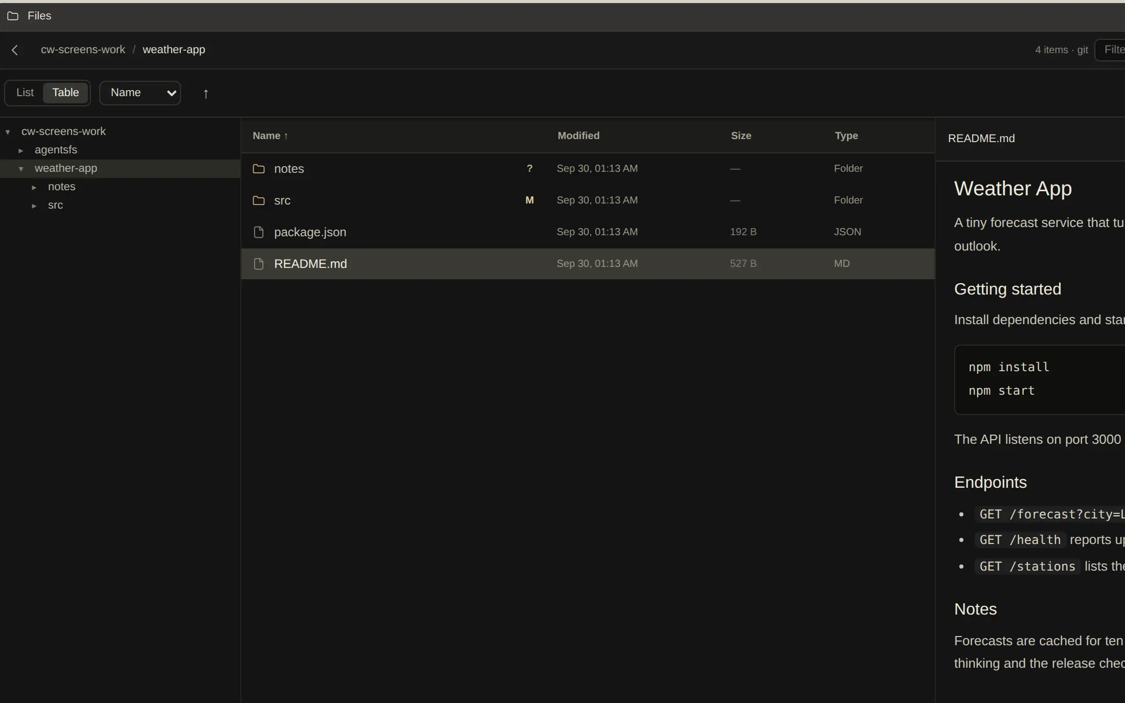The file pane with a folder tree, a listing with git status letters and a Markdown preview