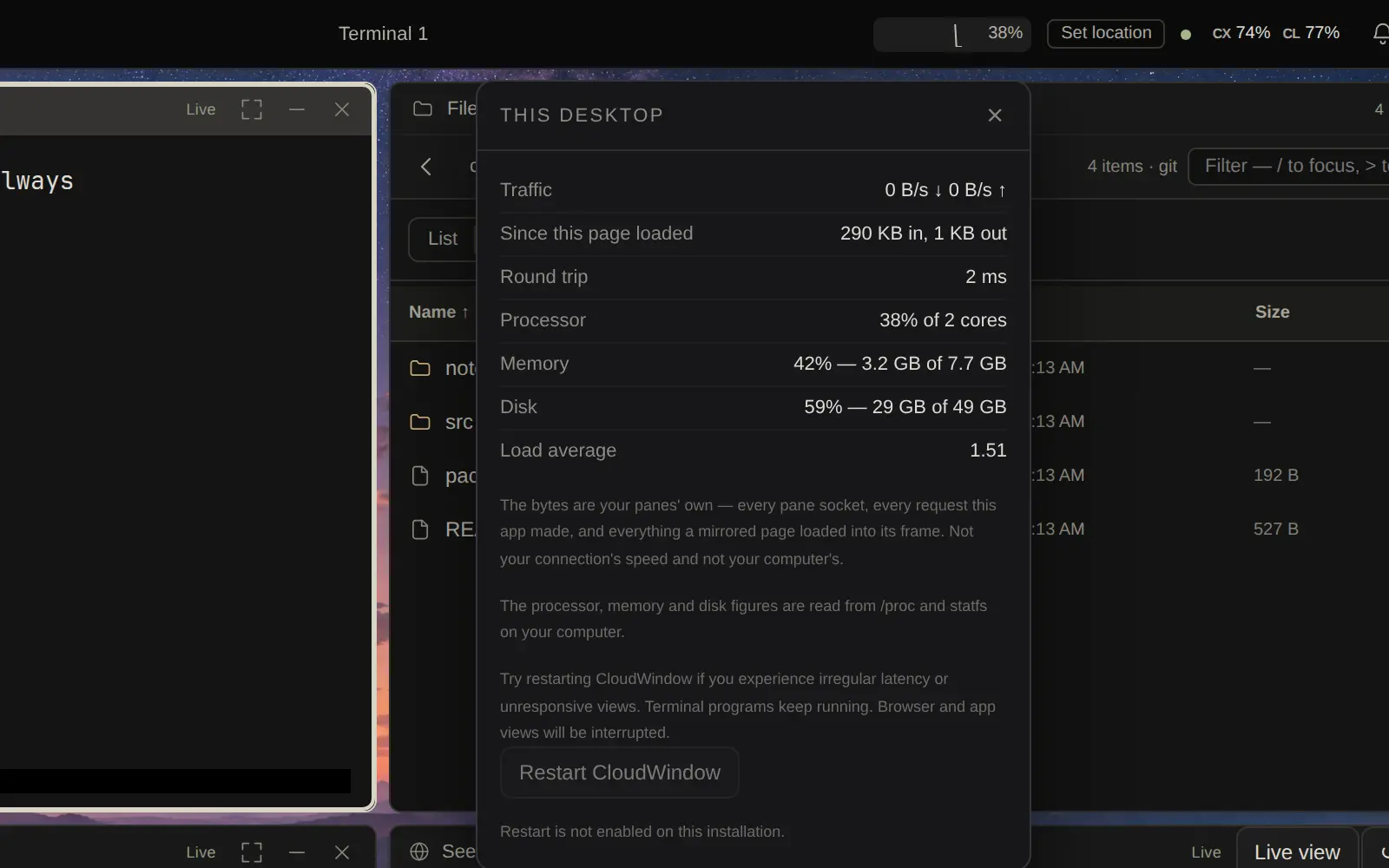 The bar with its stats popover open: traffic, round trip, processor, memory, disk and load
