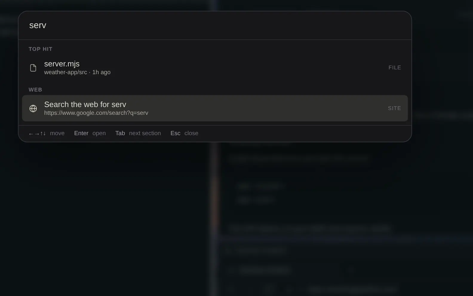 The launcher open over the desktop with grouped results for a typed query