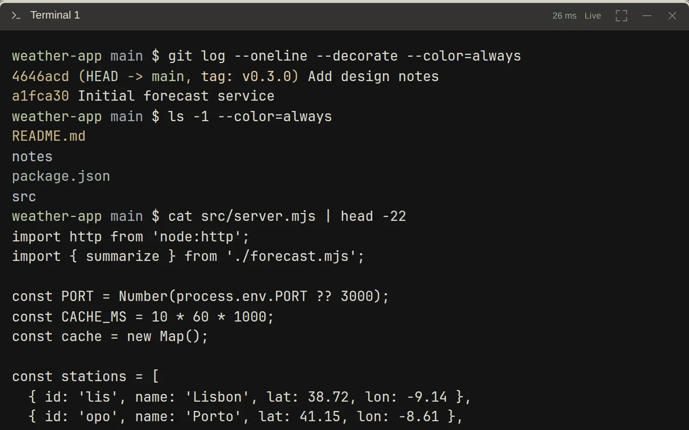 A terminal window with coloured git output