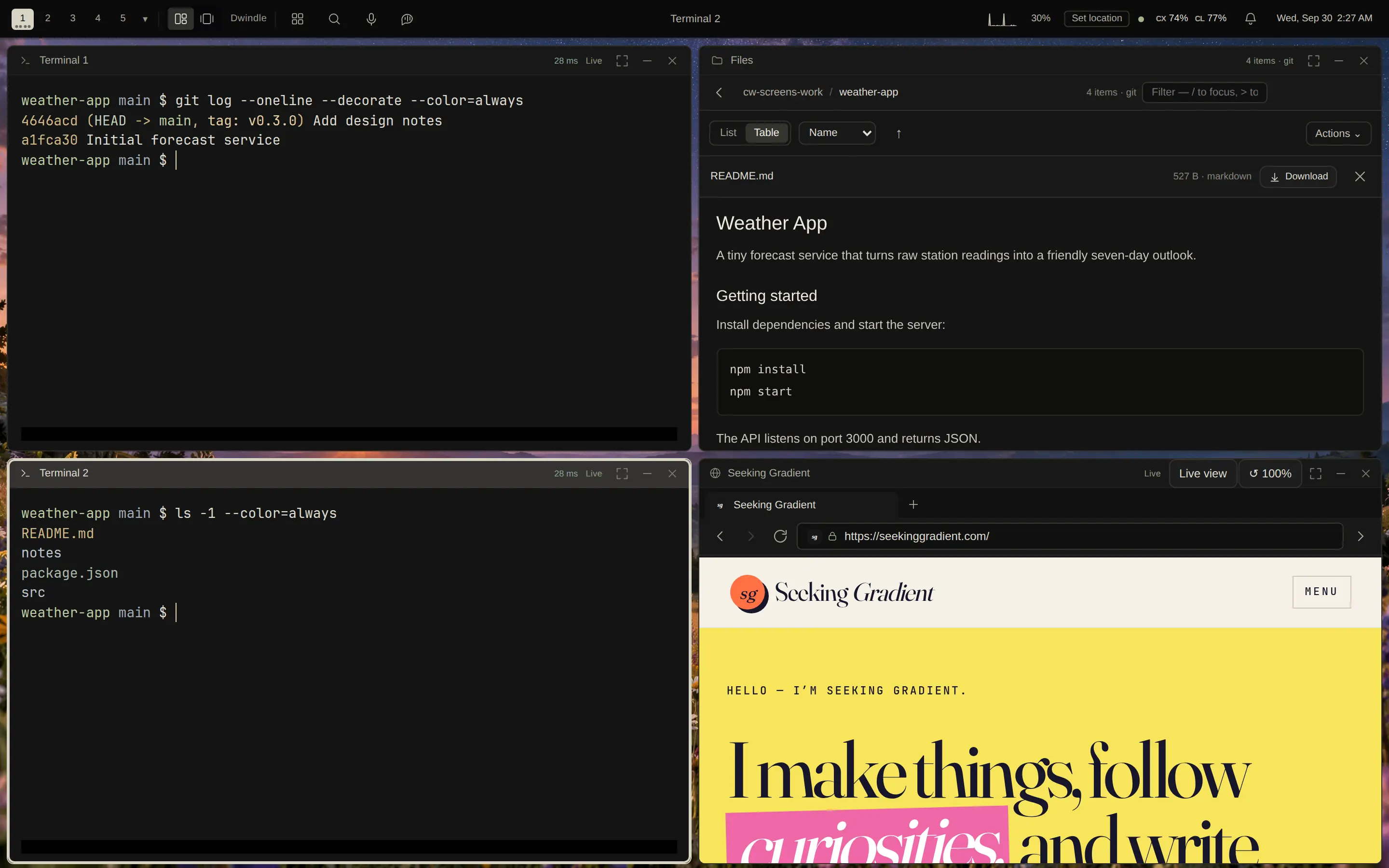 Four windows tiled on one space: two terminals, the file pane and a browser pane