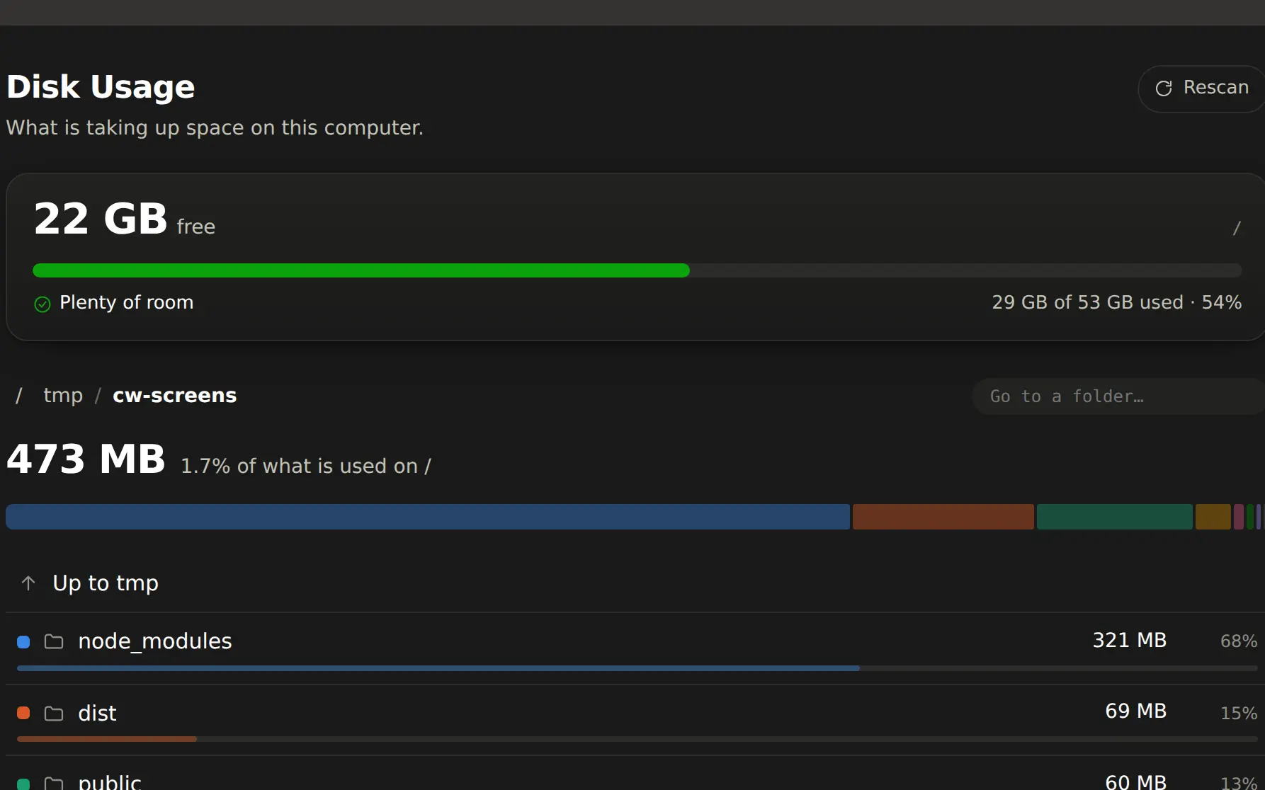 The Disk Usage app showing drives and the folders taking the room