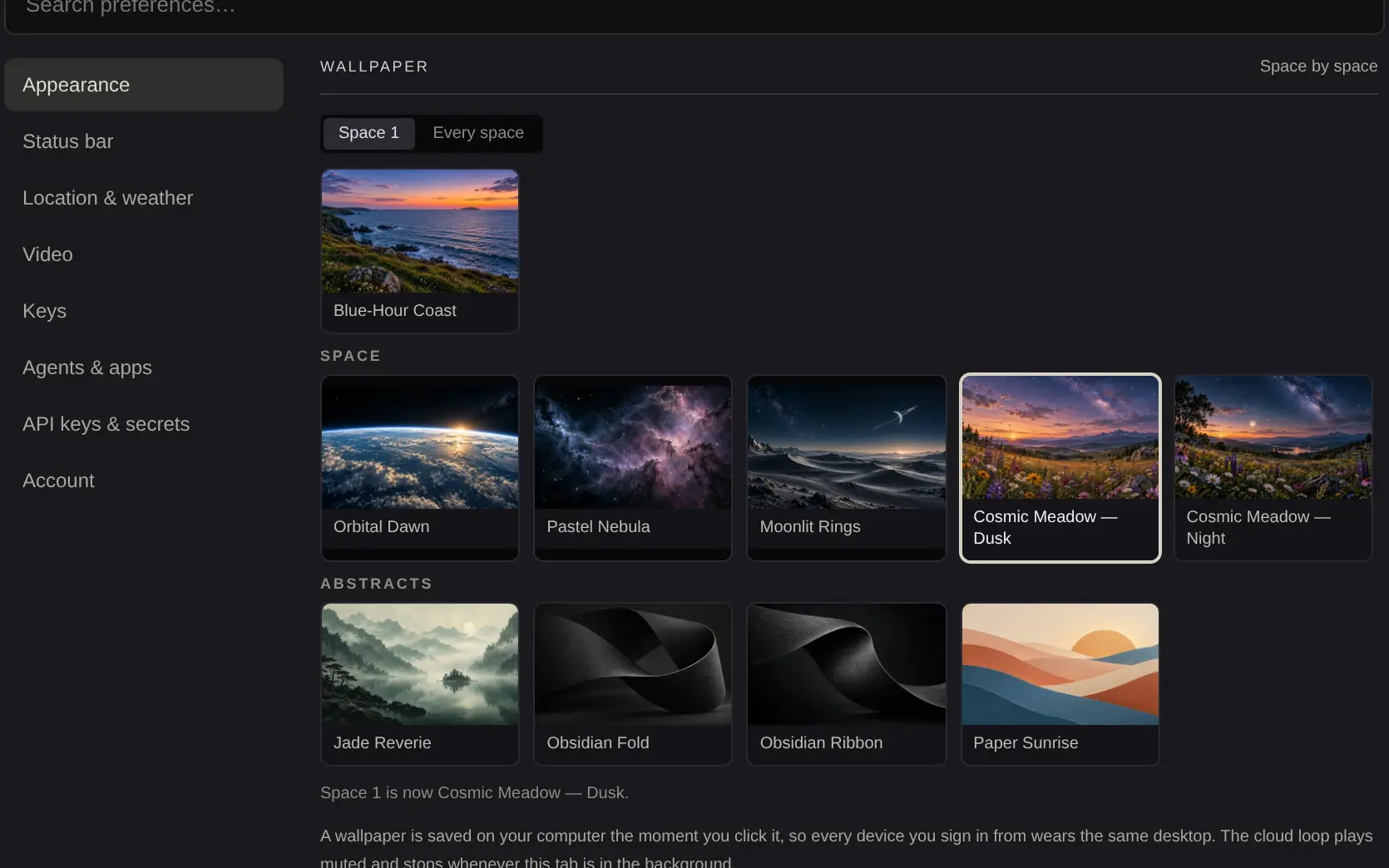 Preferences showing the wallpaper picker and appearance settings
