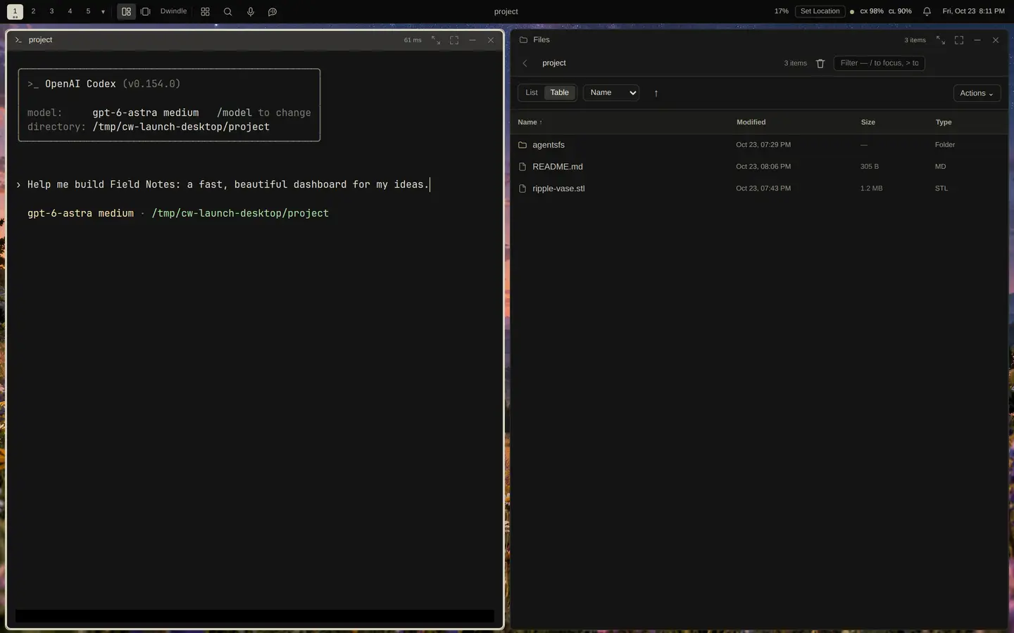 A coding agent session in a CloudWindow terminal